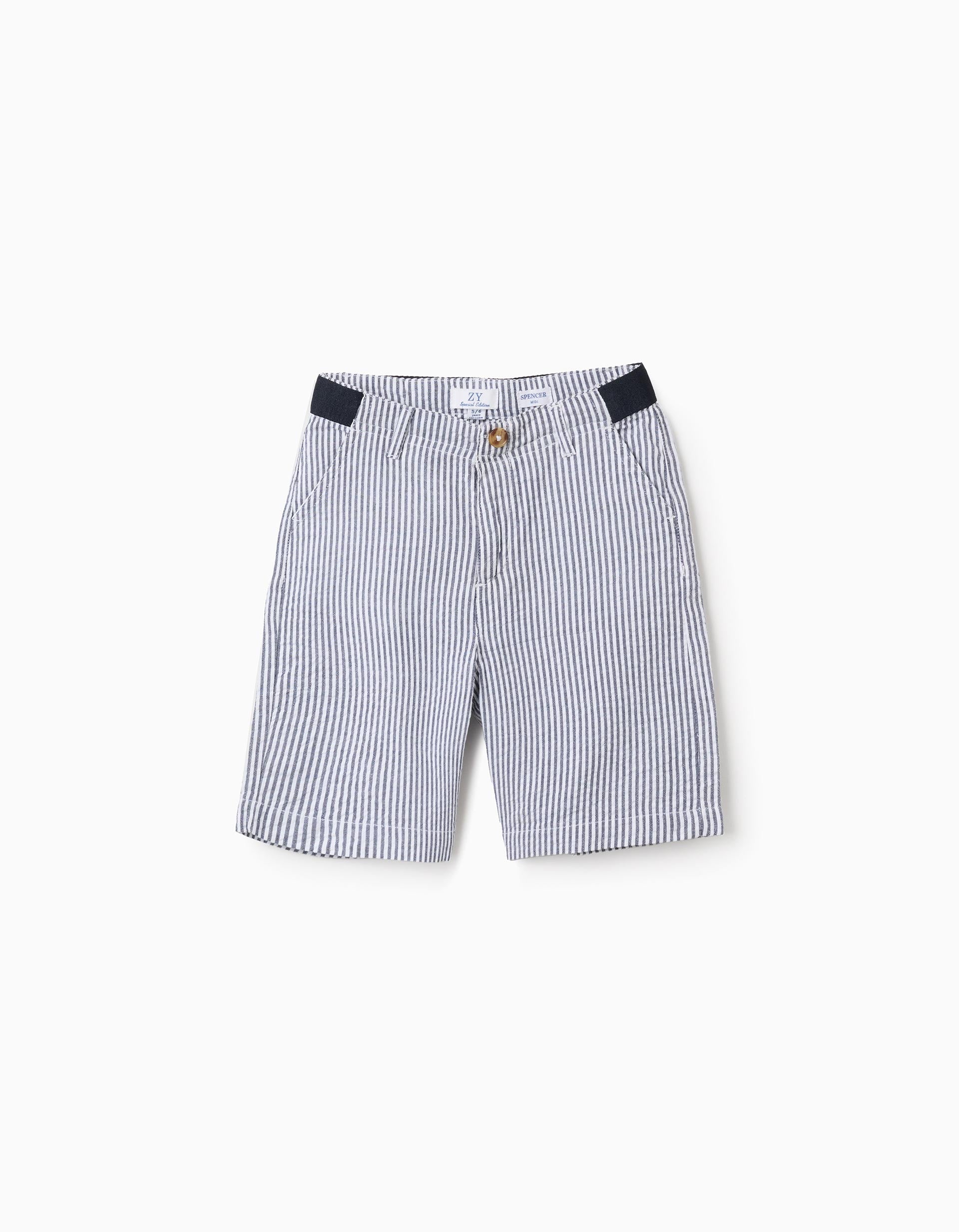 Striped cotton chino shorts for boys, blue/white