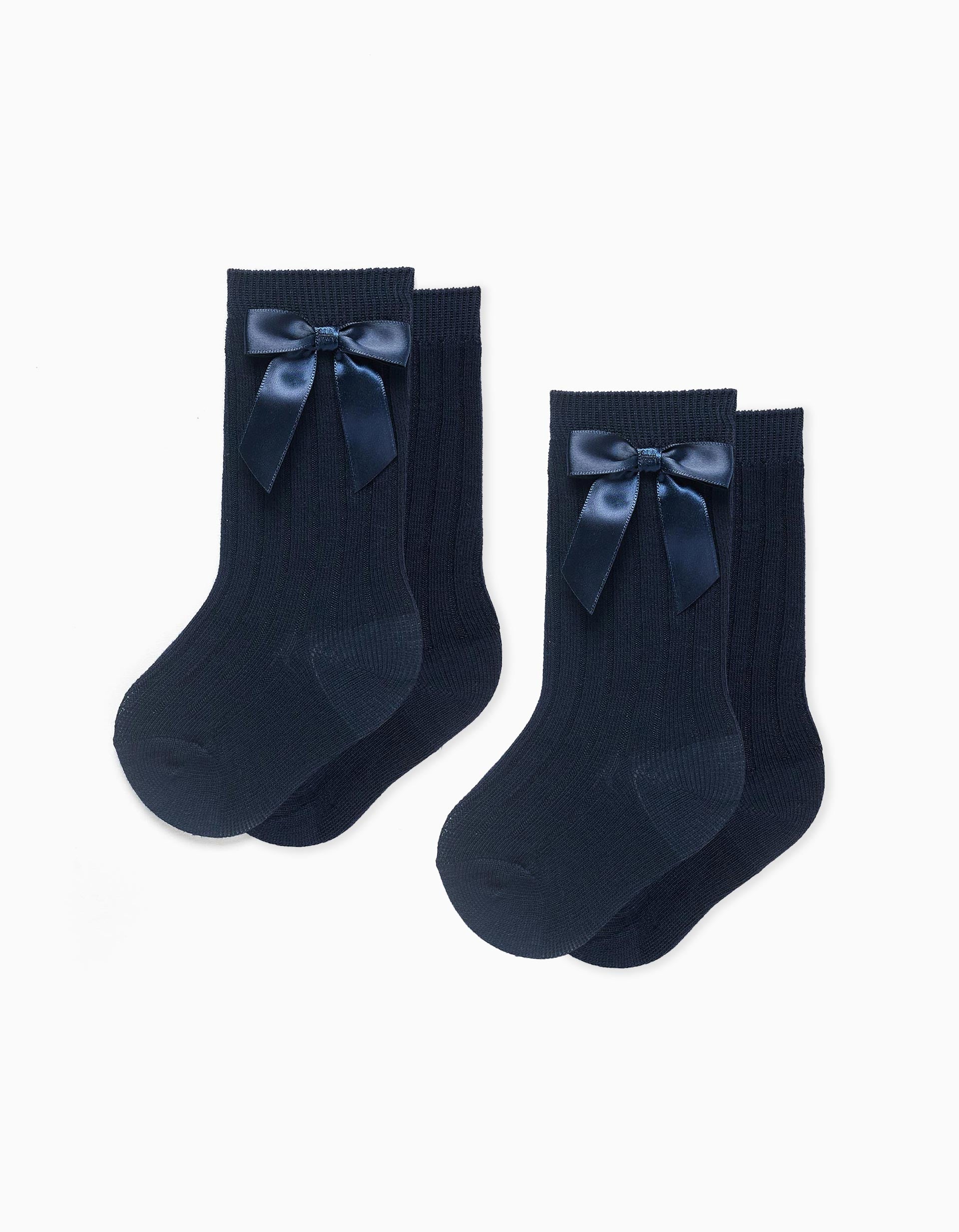 Pack 2 chaussettes hautes côtelées avec nœud pour bébé fille, bleu foncé