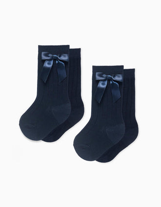 Pack of 2 ribbed knee-high socks with bow for baby girls, dark blue