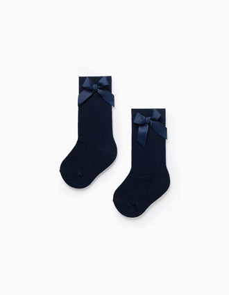 Pack of 2 ribbed knee-high socks with bow for baby girls, dark blue