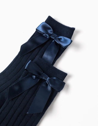 Pack of 2 ribbed knee-high socks with bow for baby girls, dark blue