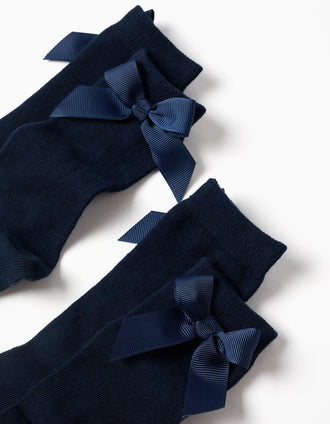 Pack of 2 ribbed knee-high socks with bow for baby girls, dark blue