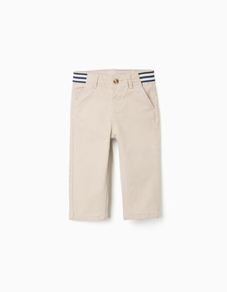 Pantalón chino ajustado de sarga con cinta a rayas para bebé niño, beige