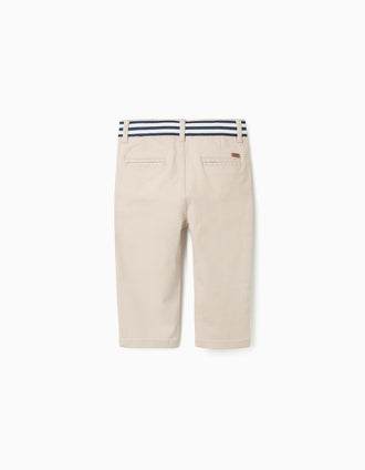 Pantalón chino ajustado de sarga con cinta a rayas para bebé niño, beige