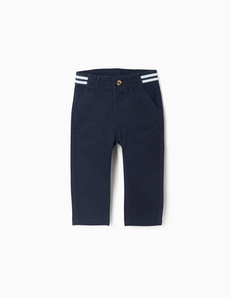 Pantalón chino ajustado de sarga con cinta a rayas para bebé niño, azul