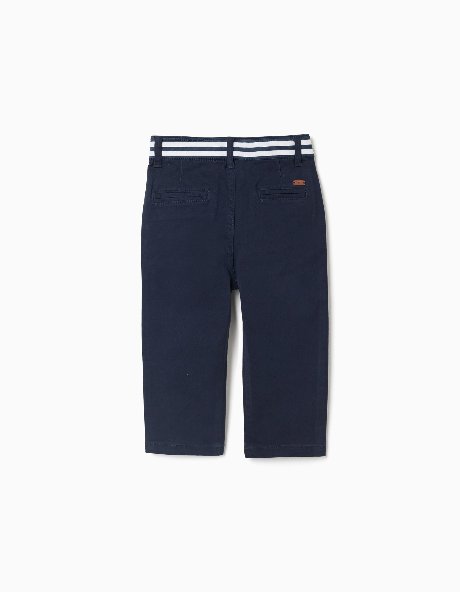 Calças chino de sarja com banda elástica para bebé menino, azul-escuro