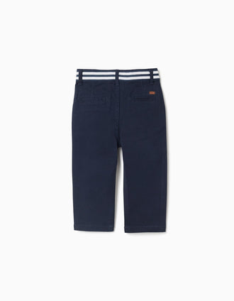 Pantalón chino ajustado de sarga con cinta a rayas para bebé niño, azul
