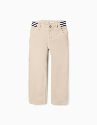 Pantalón chino ajustado de sarga con cinta a rayas para niño, beige claro