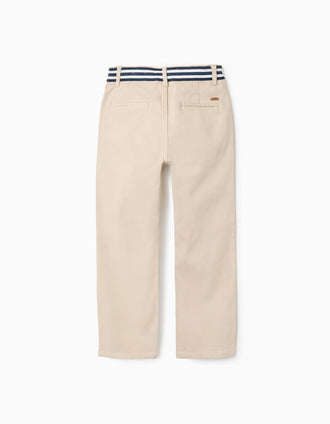 Pantalón chino ajustado de sarga con cinta a rayas para niño, beige claro