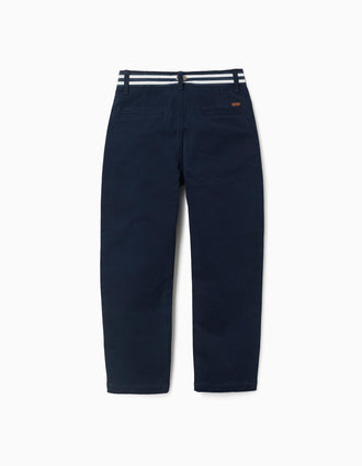 Calças chino slim fit de sarja com banda elástica para menino, azul-escuro