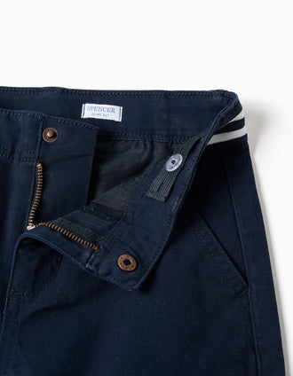 Calças chino slim fit de sarja com banda elástica para menino, azul-escuro
