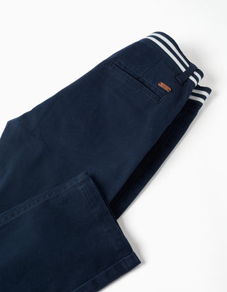 Calças chino slim fit de sarja com banda elástica para menino, azul-escuro