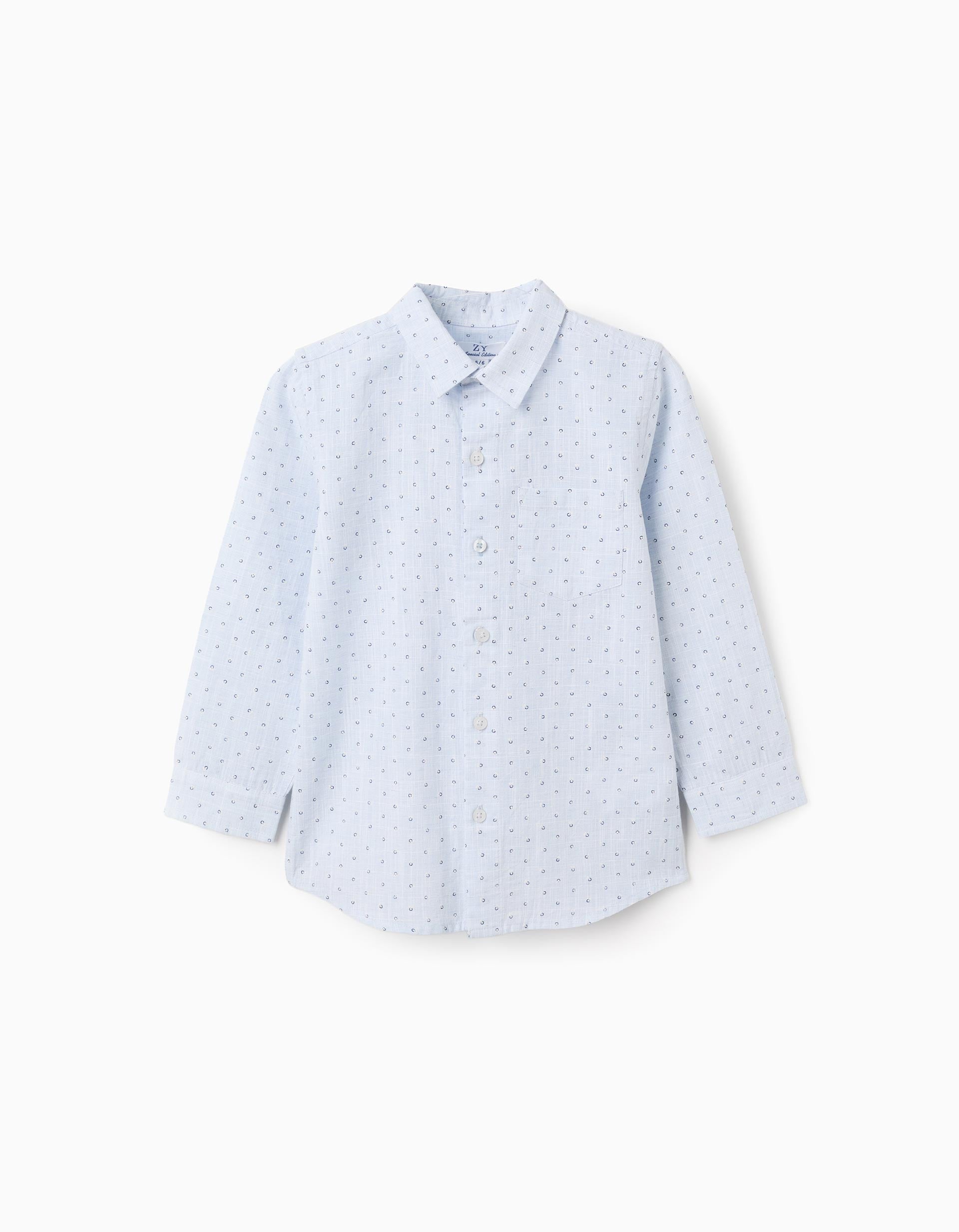 Cotton and linen shirt with circle pattern for boys, light blue