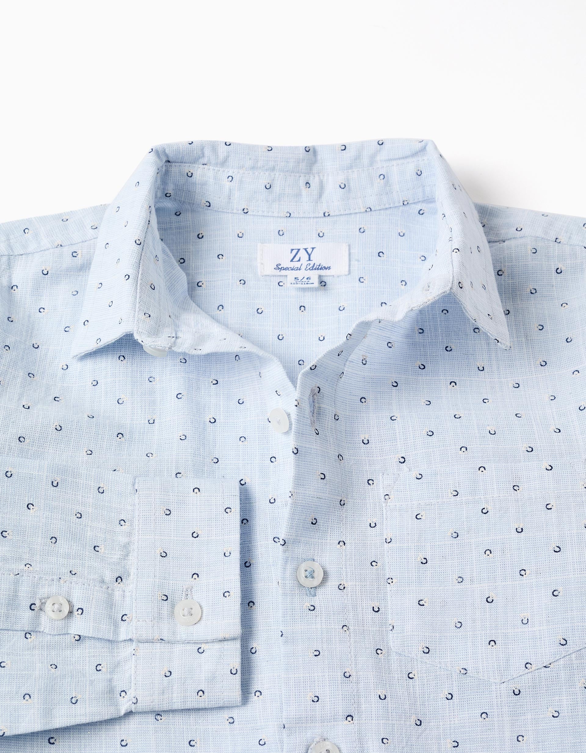 Cotton and linen shirt with circle pattern for boys, light blue