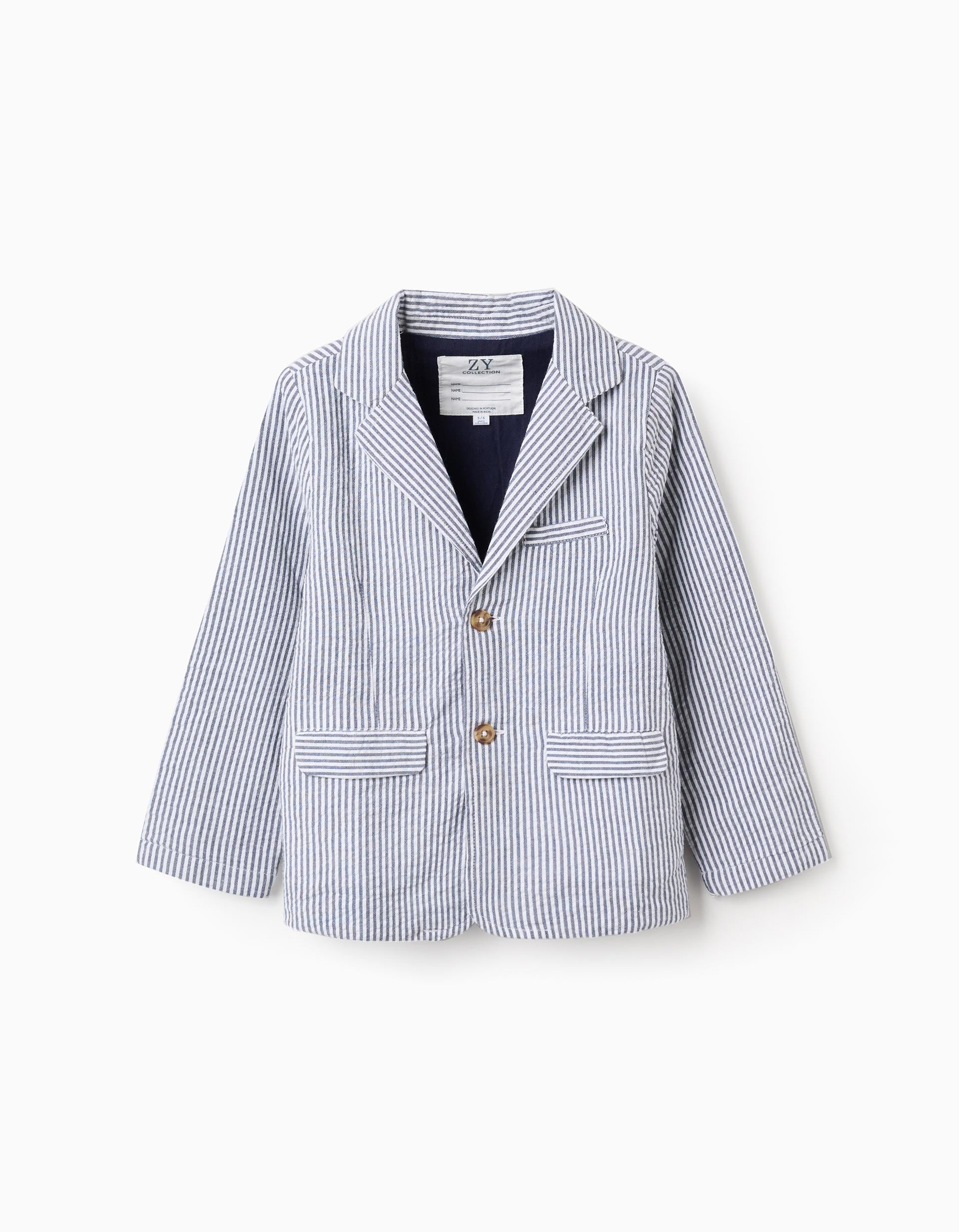 Striped cotton blazer with flap pockets for boys, white/blue