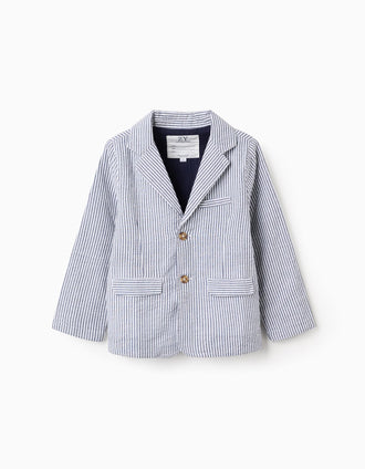 Americana a rayas con bolsillos con solapa para niño, blanco/azul