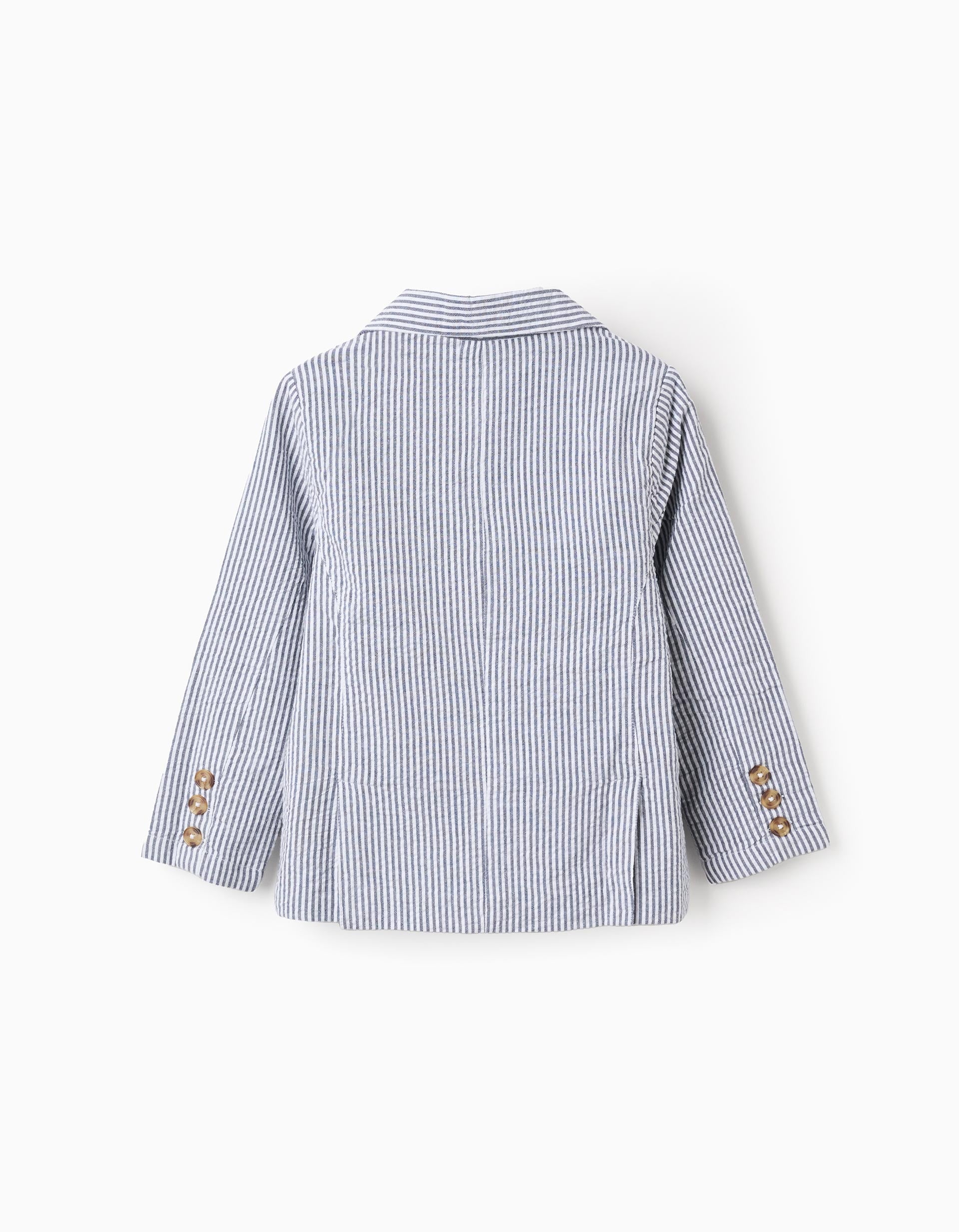 Striped cotton blazer with flap pockets for boys, white/blue