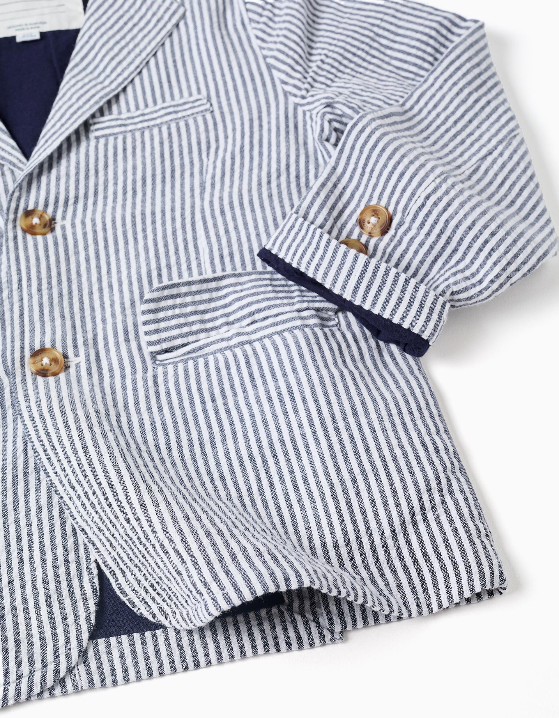 Striped cotton blazer with flap pockets for boys, white/blue