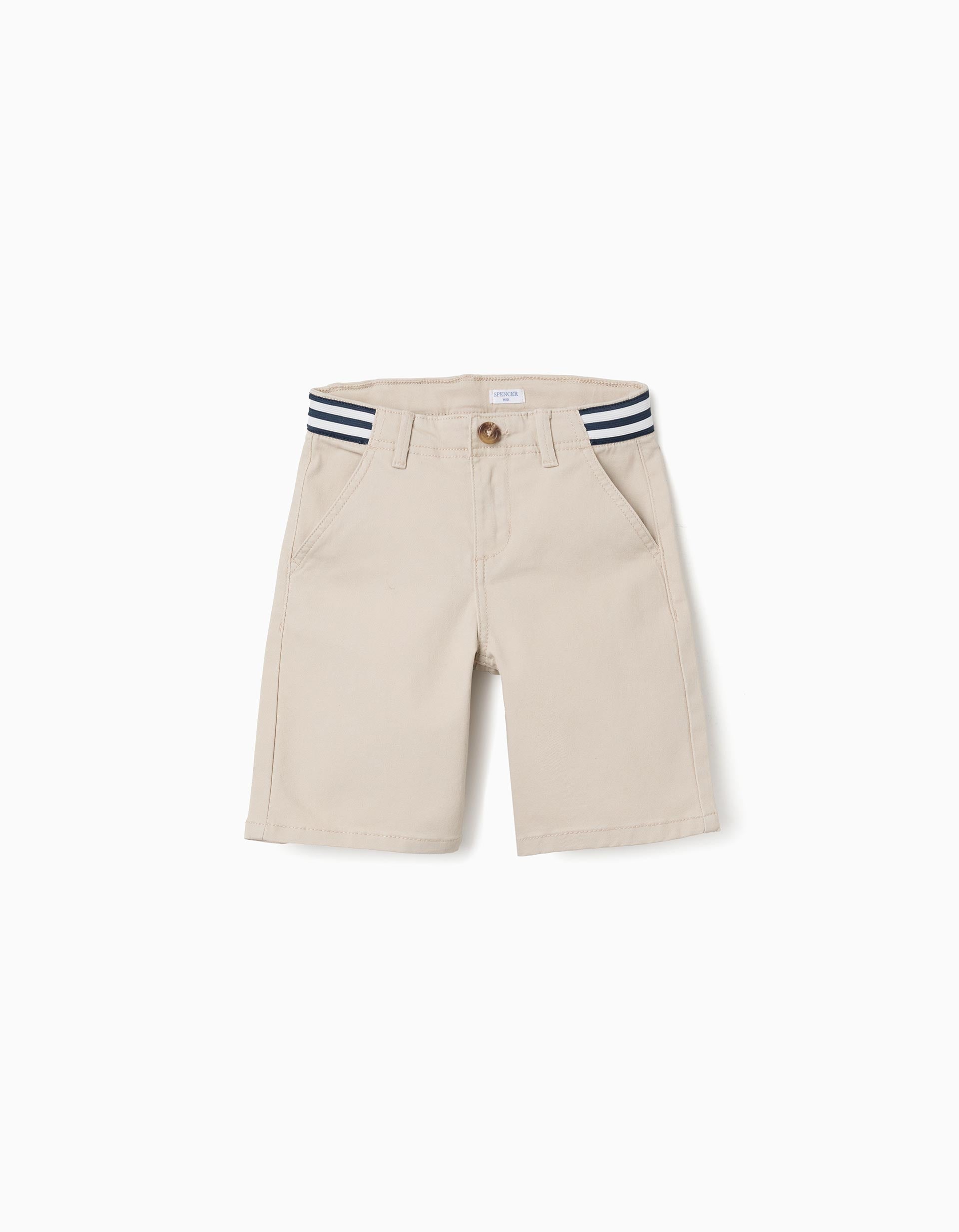 Bermudas chino de sarga con cinta a rayas para niño, beige claro