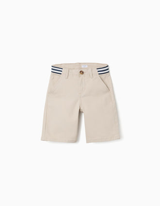 Bermudas chino de sarga con cinta a rayas para niño, beige claro
