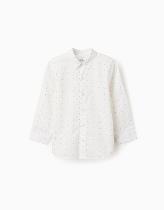 Long sleeve poplin shirt with pattern for boys, white/blue