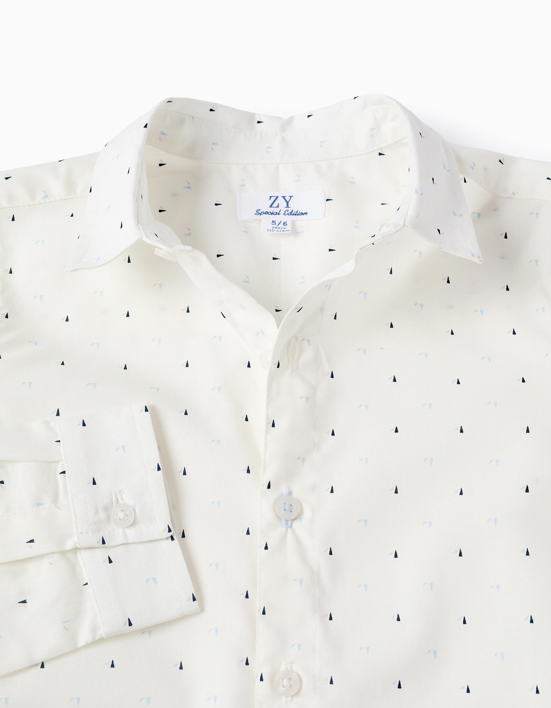 Long sleeve poplin shirt with pattern for boys, white/blue
