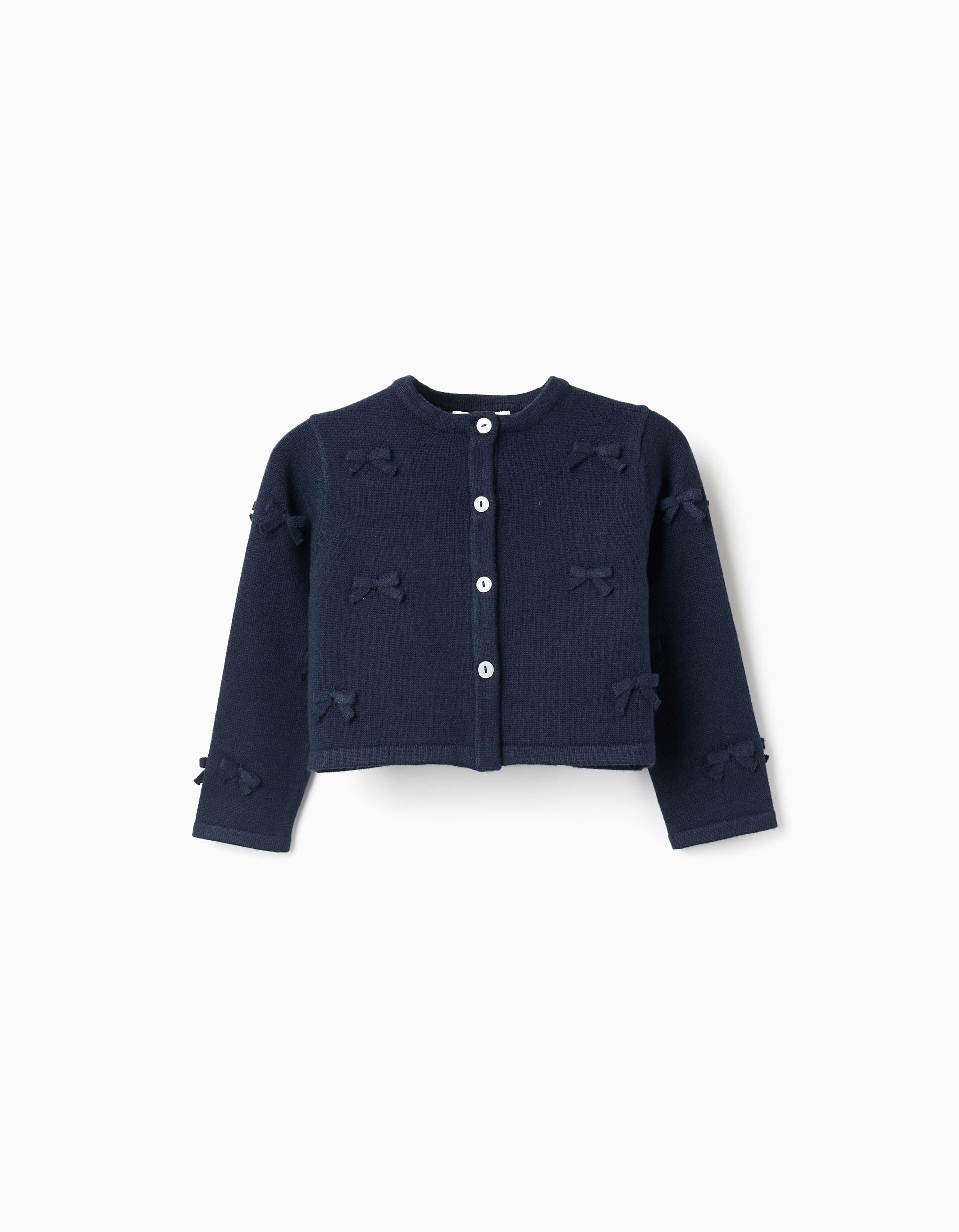Cropped knitted cardigan with bows for baby girls, dark blue