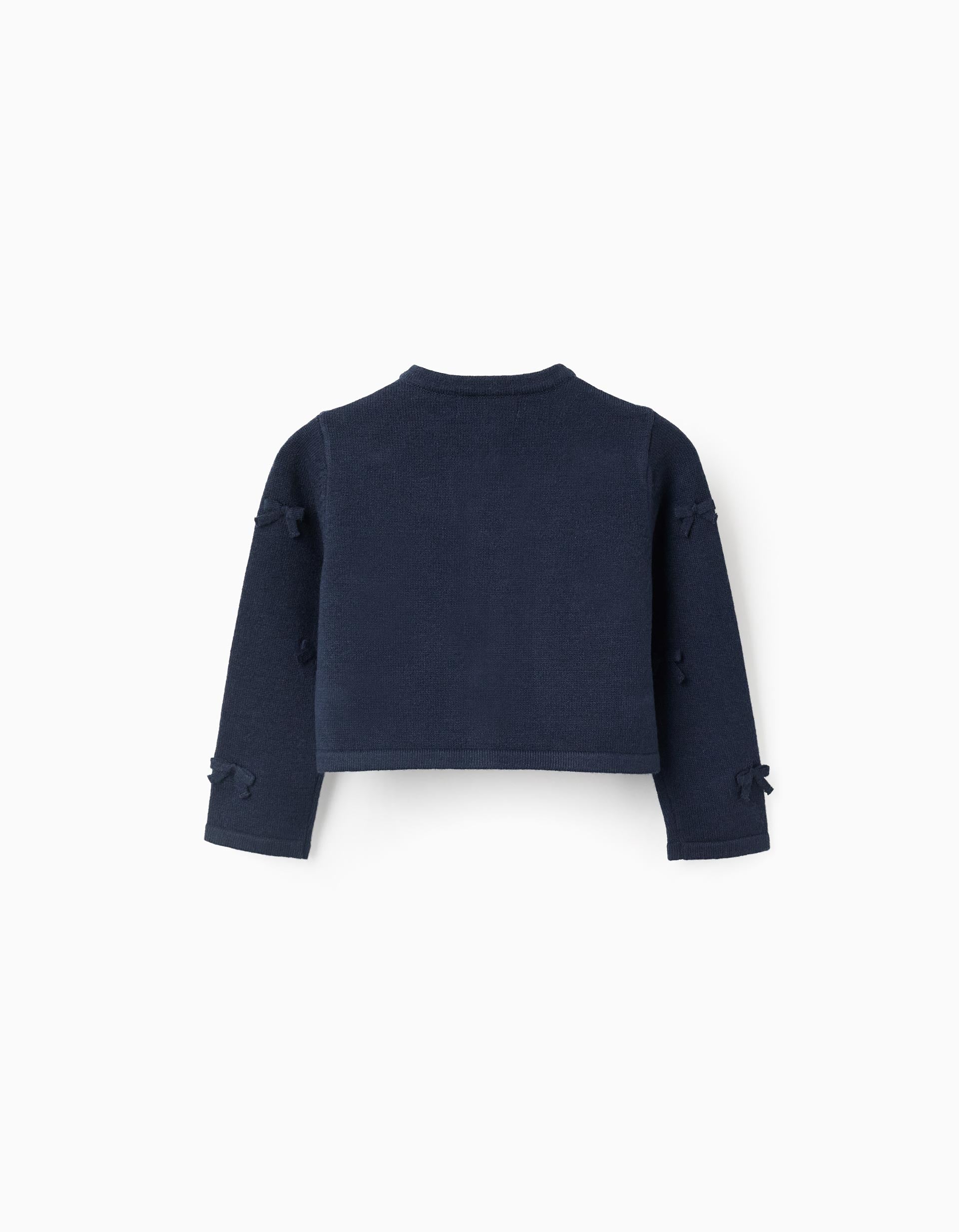Cropped knitted cardigan with bows for baby girls, dark blue