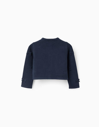 Cropped knitted cardigan with bows for baby girls, dark blue