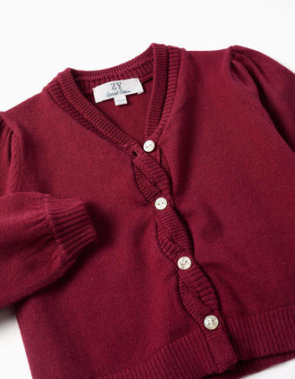 Knitted cardigan with braided details for baby girls, dark red
