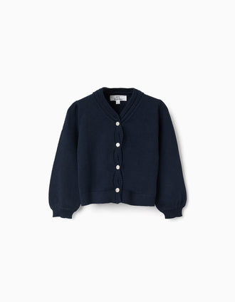 Knitted cardigan with braided details for baby girls, dark blue