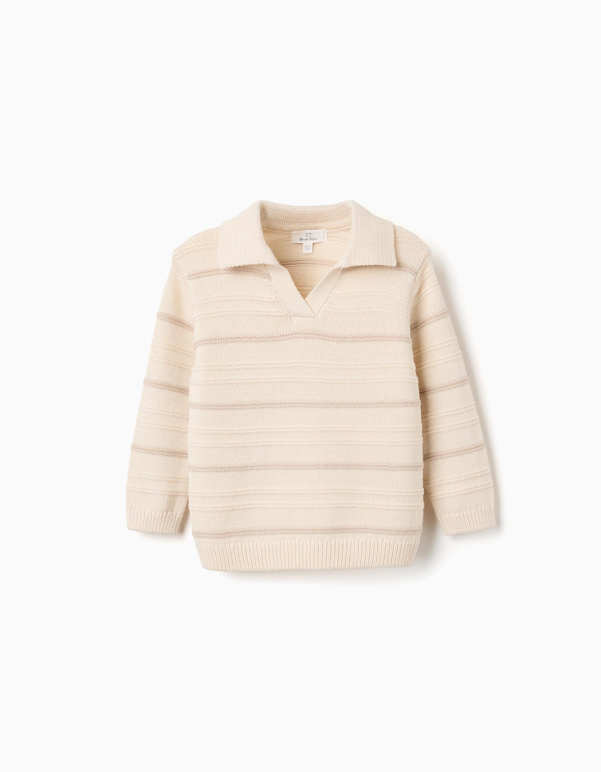 Camisola de malha de algodão com gola polo para bebé menino, bege-claro