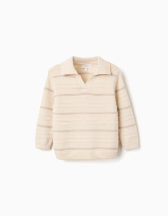 Camisola de malha de algodão com gola polo para bebé menino, bege-claro