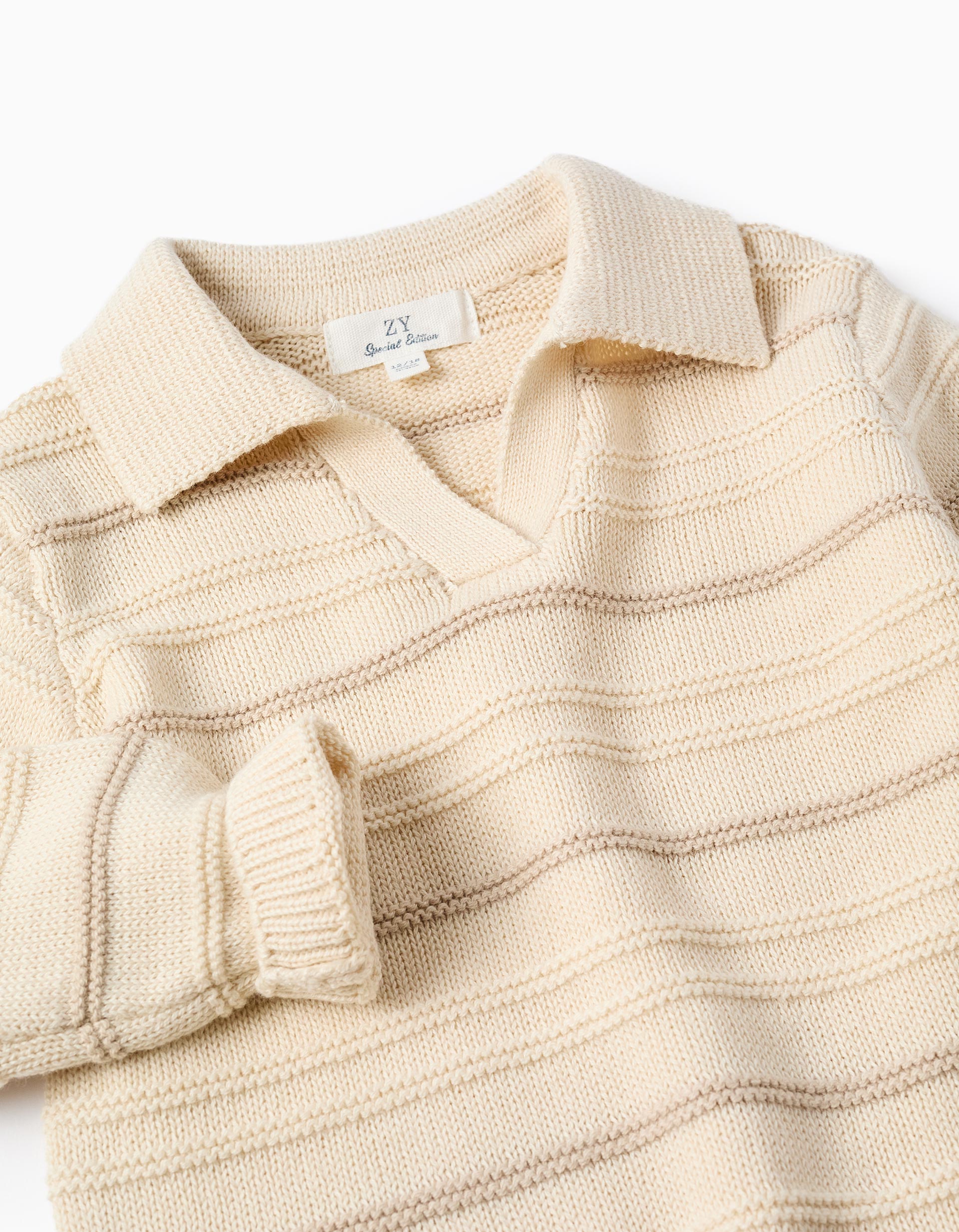 Camisola de malha de algodão com gola polo para bebé menino, bege-claro