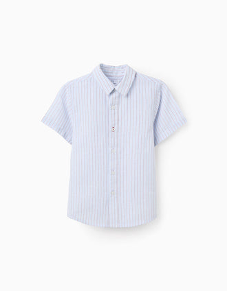 Camisa de manga curta de algodão às riscas para menino, azul/vermelho