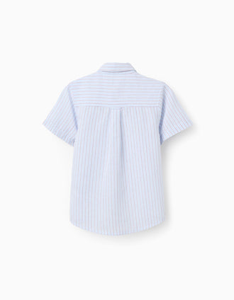 Camisa de manga curta de algodão às riscas para menino, azul/vermelho