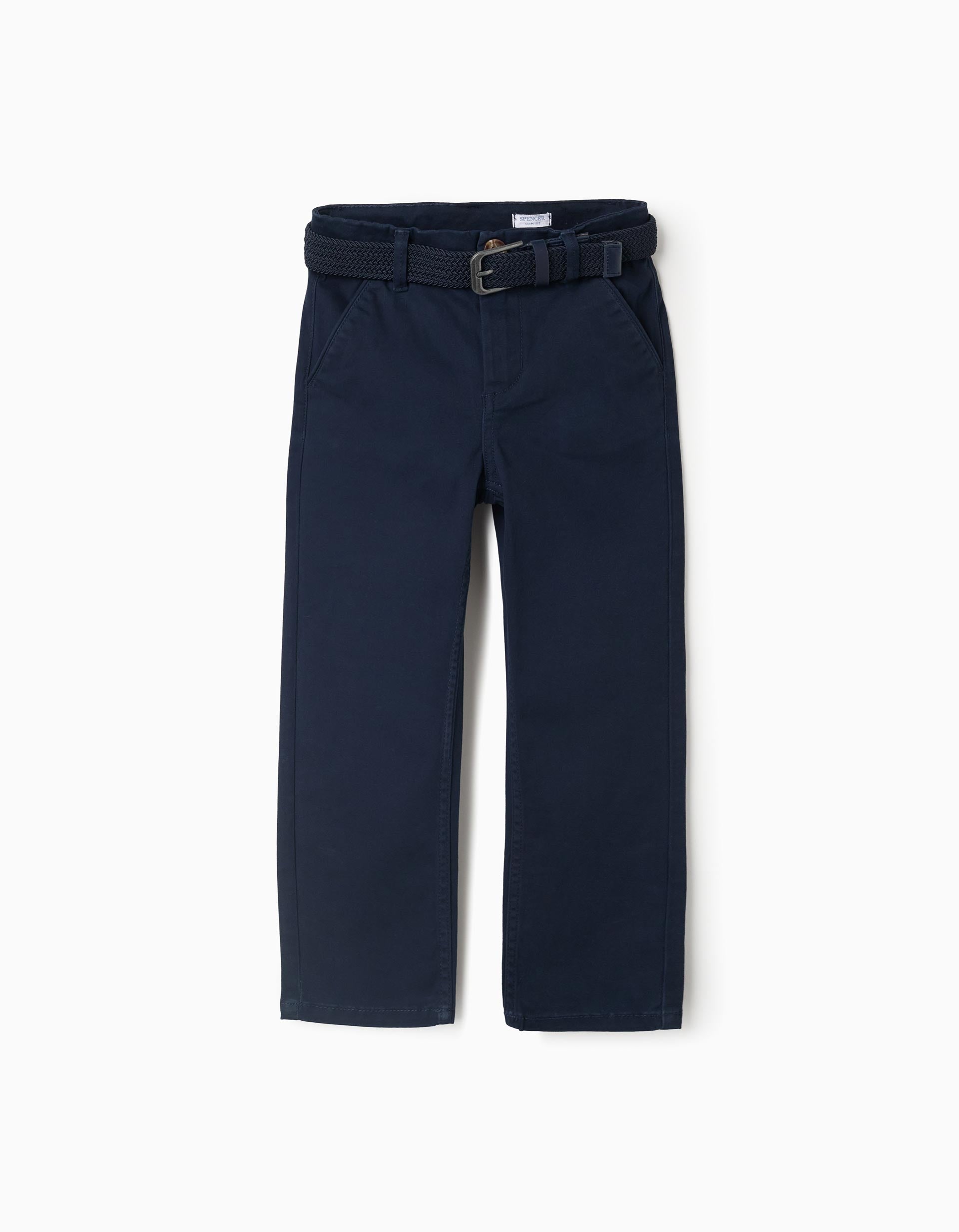 Pantalon chino ajusté en sergé avec ceinture pour garçon, bleu foncé