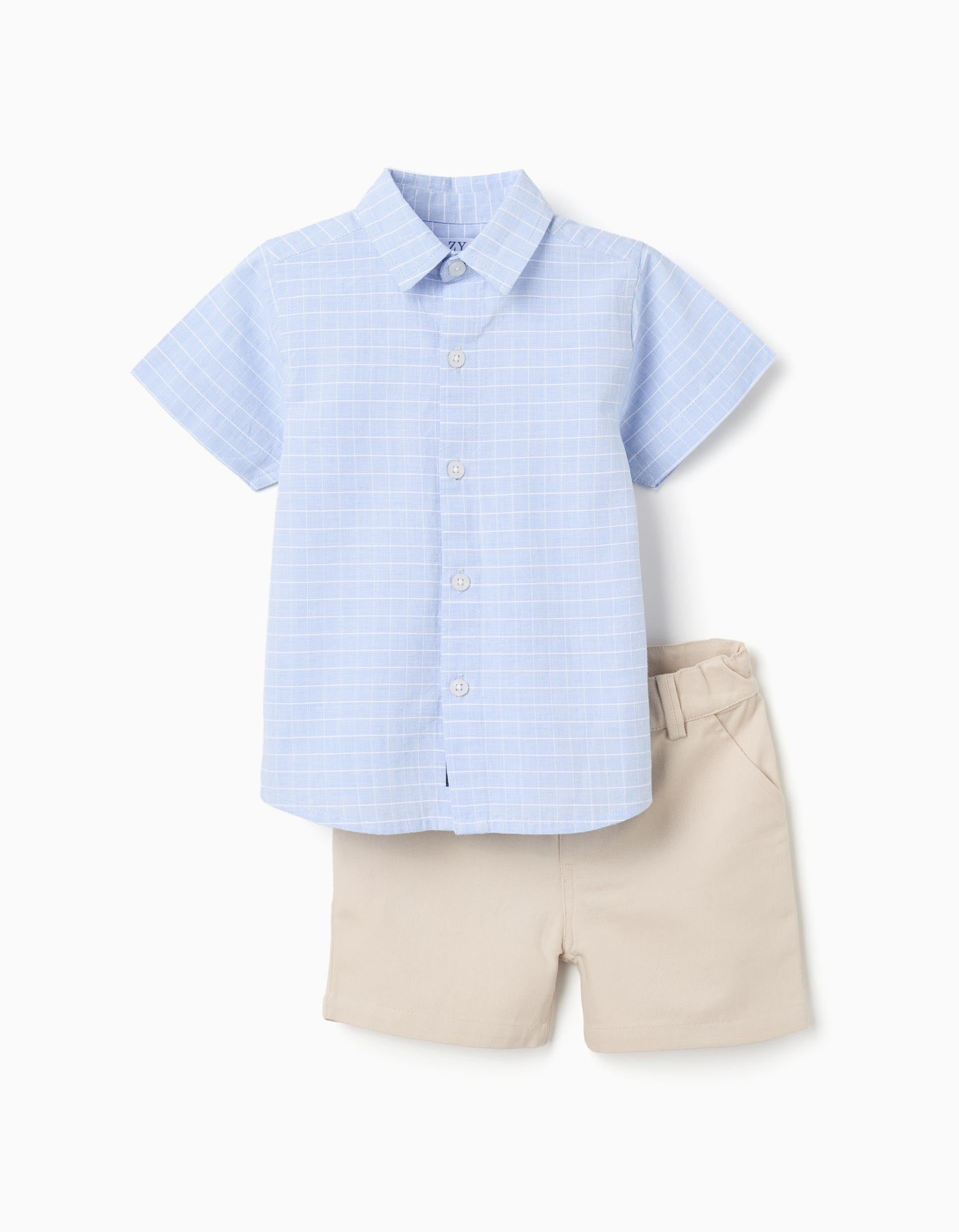 Chemise à manches courtes et short en coton pour bébé garçon, bleu/beige