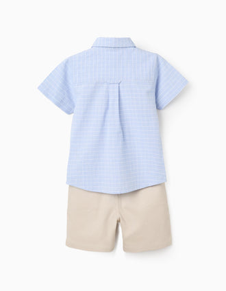 Chemise à manches courtes et short en coton pour bébé garçon, bleu/beige