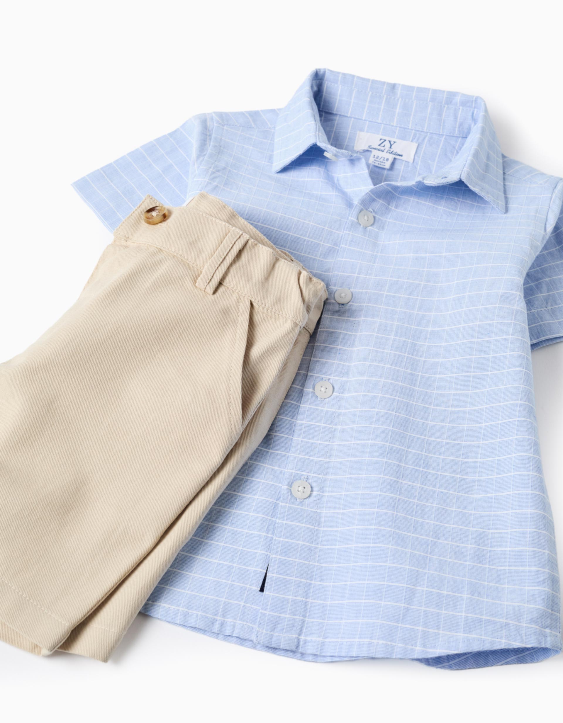 Chemise à manches courtes et short en coton pour bébé garçon, bleu/beige
