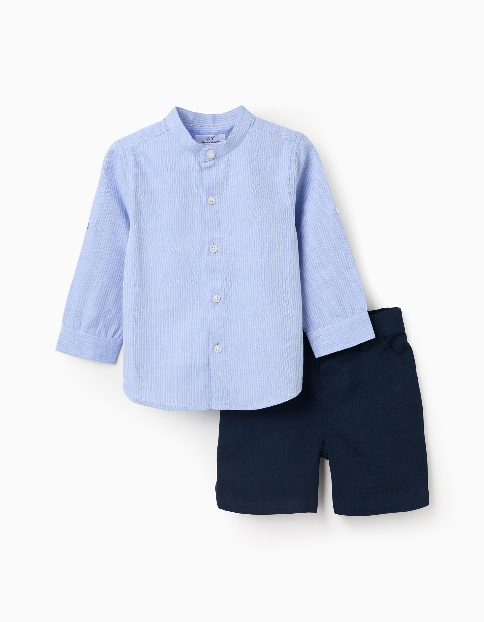 Chemise rayée à manches longues + short en coton pour bébé garçon, bleu