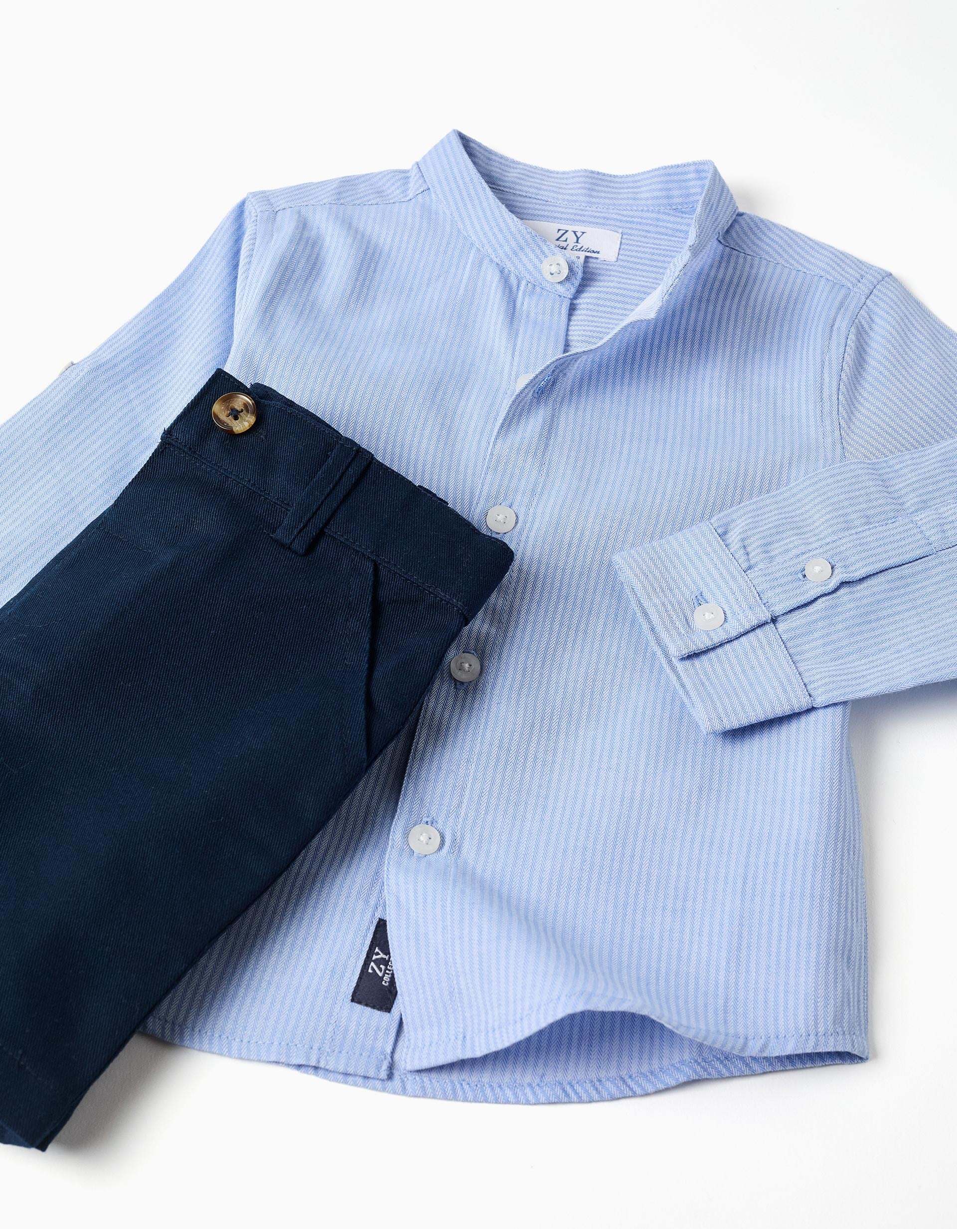 Chemise rayée à manches longues + short en coton pour bébé garçon, bleu