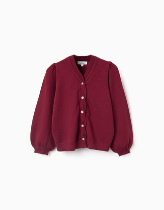 Casaco de malha com detalhes entrançados para menina, vermelho-escuro