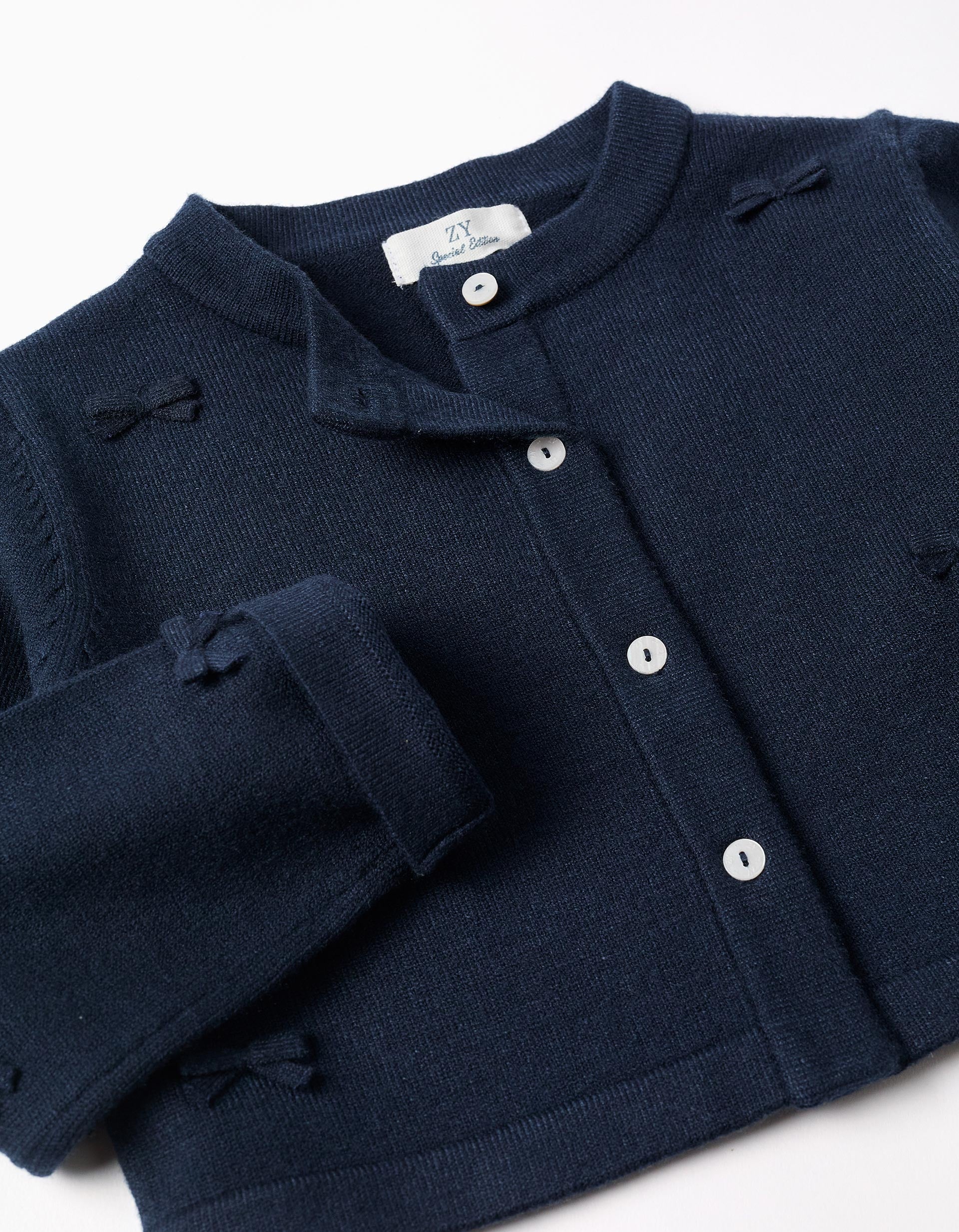 Cardigan en maille court avec nœuds pour fille, bleu foncé