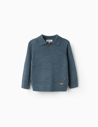 Camisola de malha com gola polo para bebé menino, azul-escuro