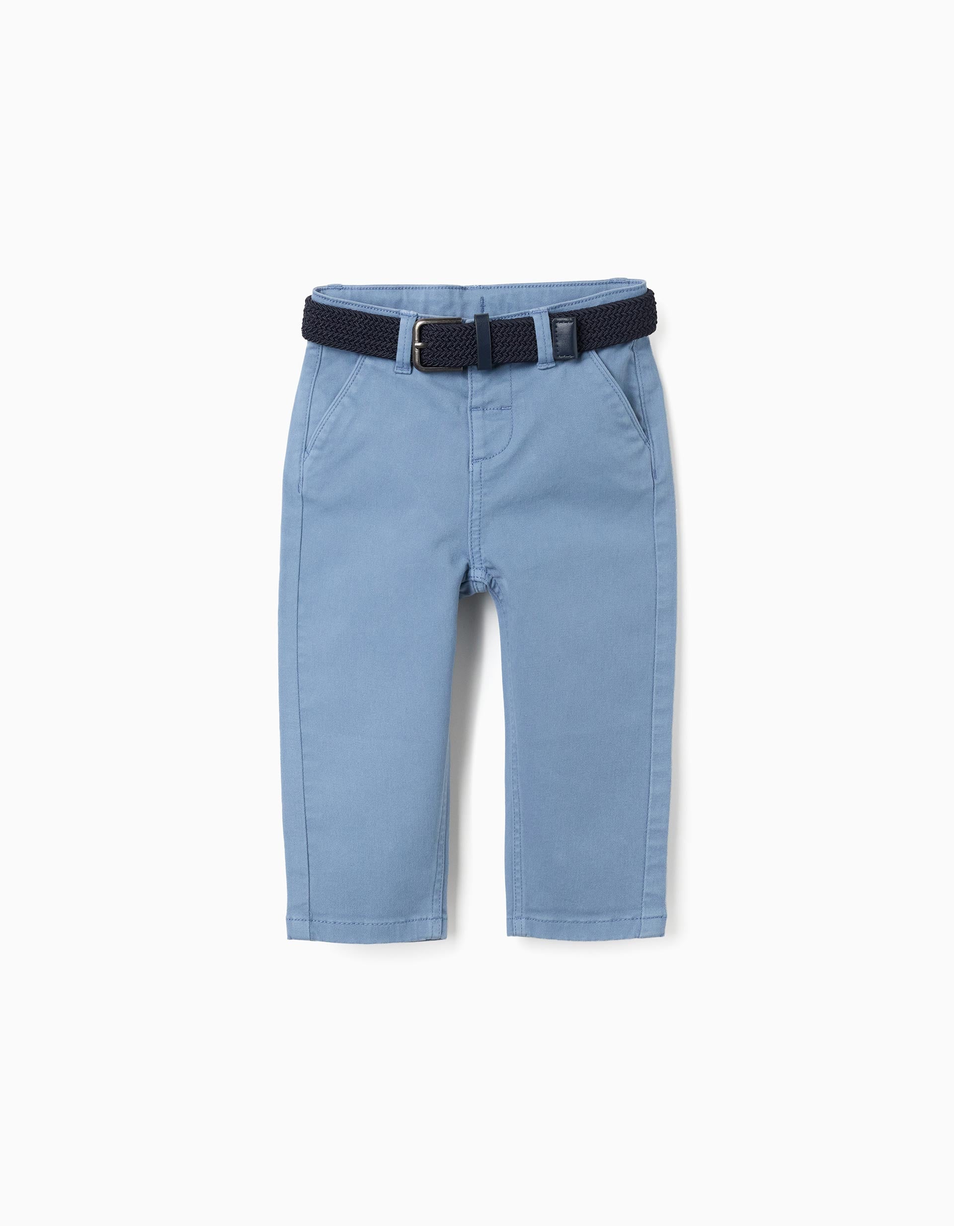 Calças chino slim fit de sarja com cinto para bebé menino, azul-claro