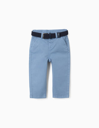 Pantalón chino de sarga ajustado con cinturón para bebé niño, azul claro