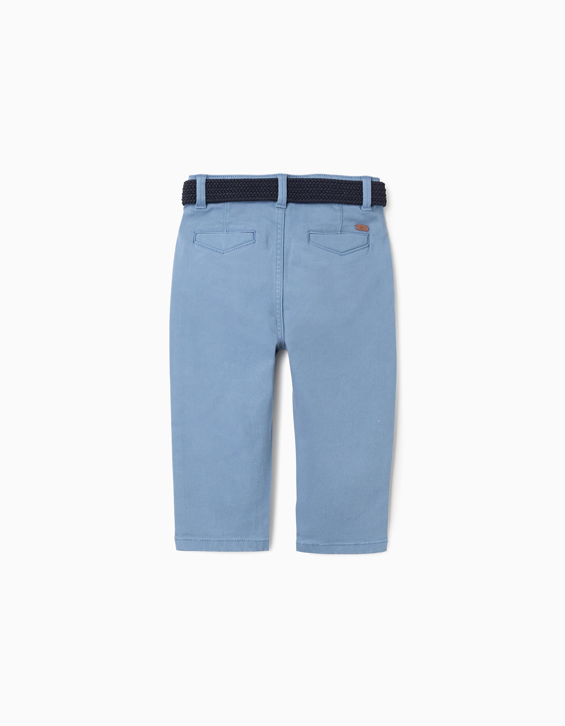 Calças chino slim fit de sarja com cinto para bebé menino, azul-claro