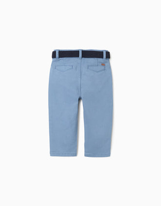 Pantalón chino de sarga ajustado con cinturón para bebé niño, azul claro