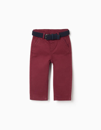 Pantalón chino ajustado de sarga con cinturón para bebé niño, rojo oscuro